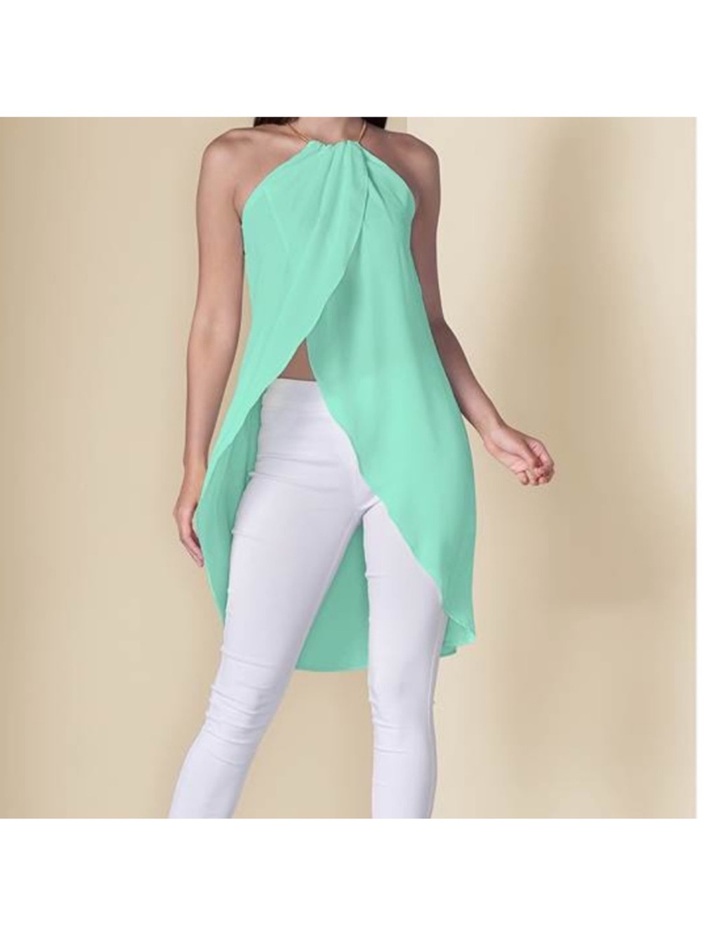 VENUS Mint Green Halter Drape Tunic Top